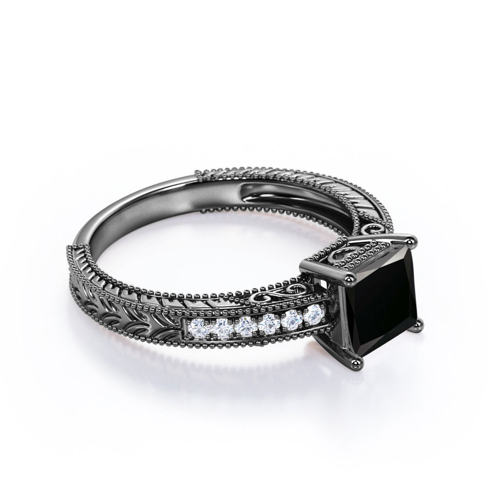 1.25 carat princess cut Black Diamond vintage milgrain engagement ring in white gold