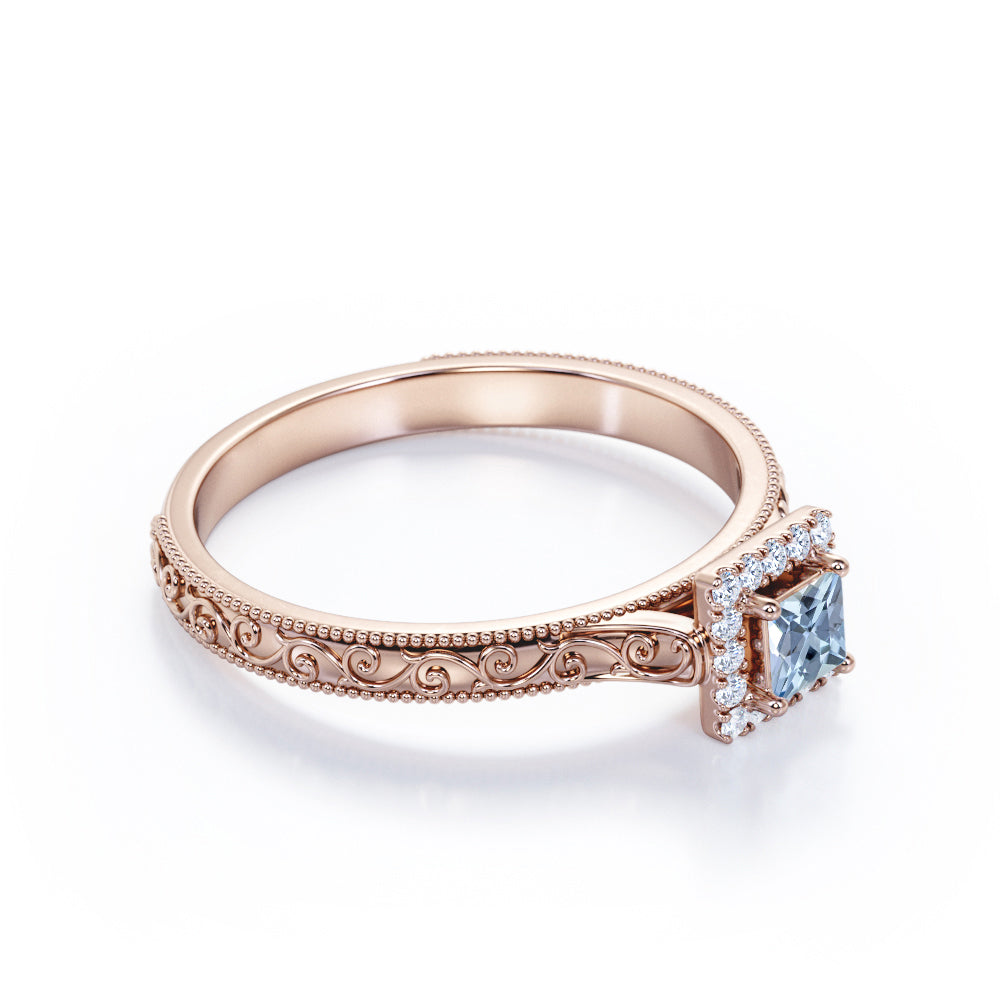 Vintage Filigree 1.10 Carat Princess Cut Aquamarine And Diamond Halo Engagement Ring In White Gold