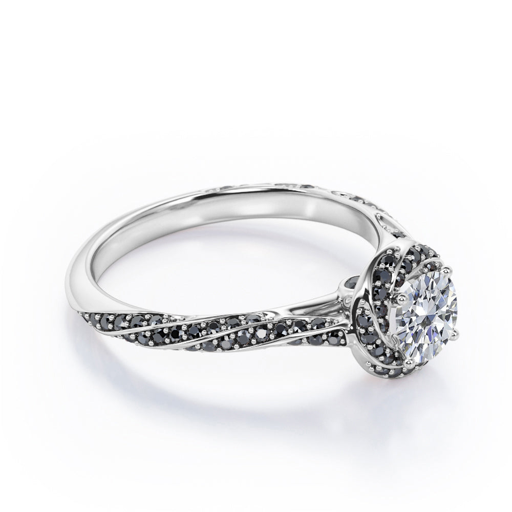 Twirl Halo - 0.6 TCW Round Shaped Diamond with Lab Created Black Diamond - Twisted Pave Engagement Ring - 10K White Gold