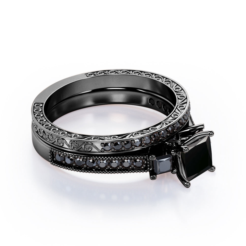 Art Deco 3-Stone 1 TCW Princess Cut Lab Created Black Diamond Cathedral Pave-Channel Wedding Ring Set in White Gold