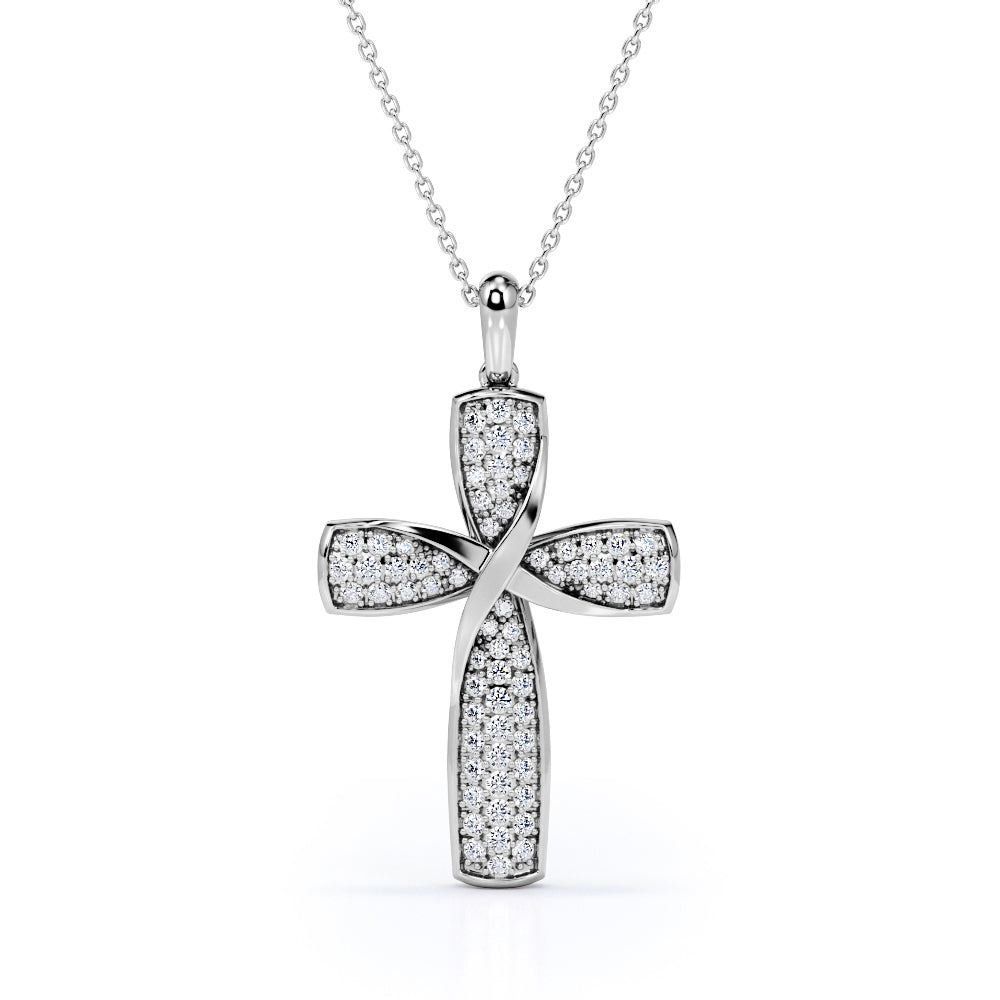 Micro-Pave 0.2 TCW Round Shaped Moissanite Twisted Crucifix Pendant Necklace in 18K White Gold Plating over Silver