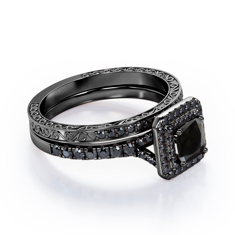 Art-Deco Pave Accented 1.7 TCW Princess Cut Lab Created Black Diamond Double Halo Bridal Ring Set in White Gold