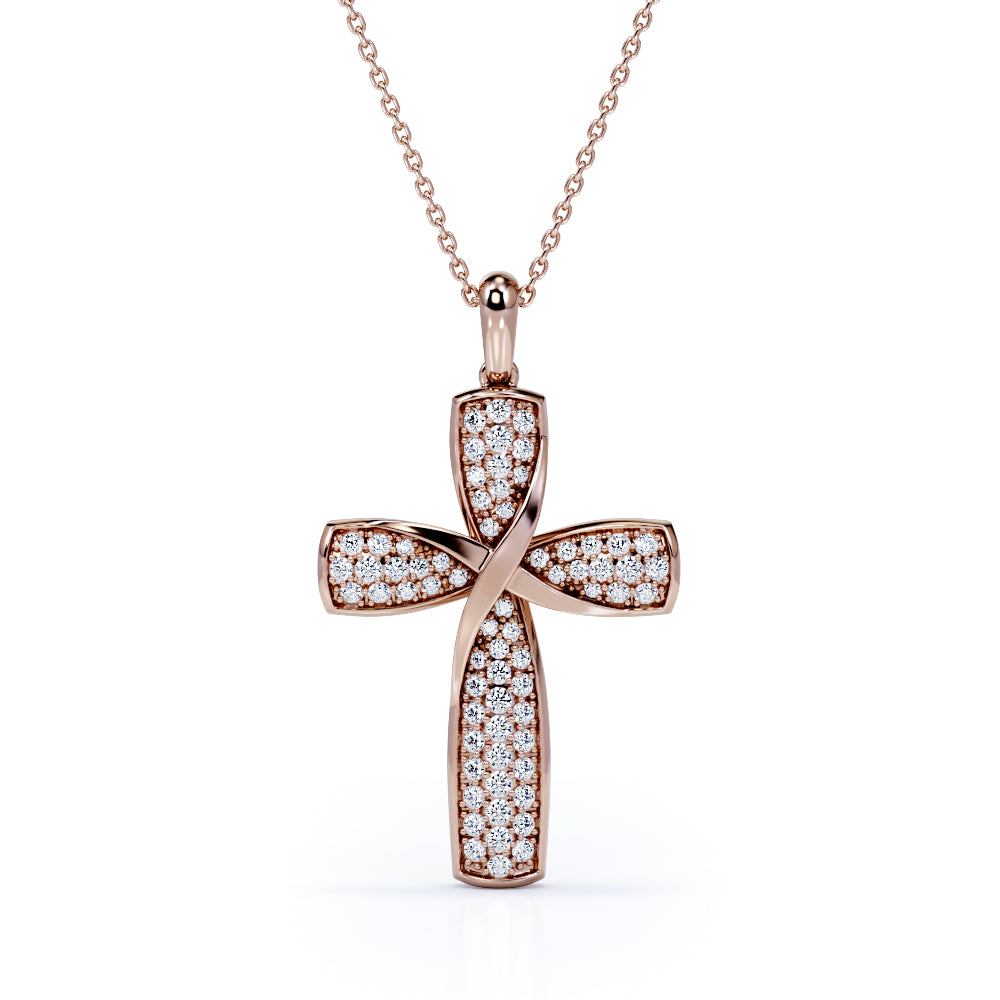 Micro-Pave 0.2 TCW Round Shaped Moissanite Twisted Crucifix Pendant Necklace in 18K White Gold Plating over Silver