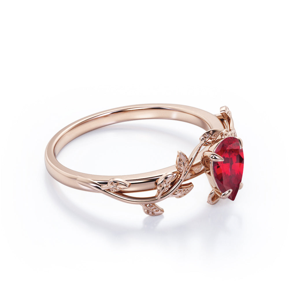 Vintage Vine 1 carat Pear cut Lab-Created Ruby Prong Engagement ring in Rose Gold