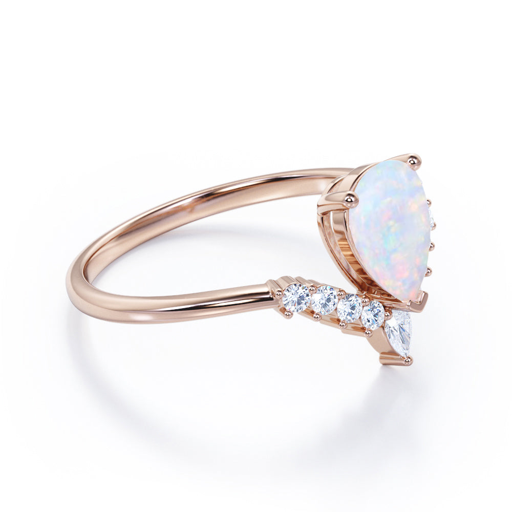 Modern 1.25 Carat Pear Cut White Opal And Diamond V Shaped Style Engagement Ring For Women In White Gold