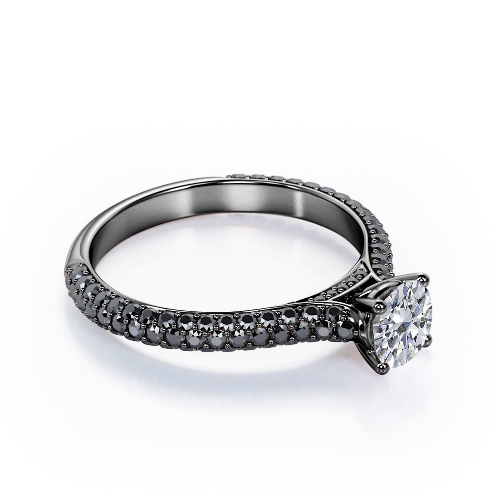 3-Row Micro Pave - 0.6 TCW Round Shaped Diamond with Lab Created Black Diamond - Cathedral Engagement Ring - 10K White Gold