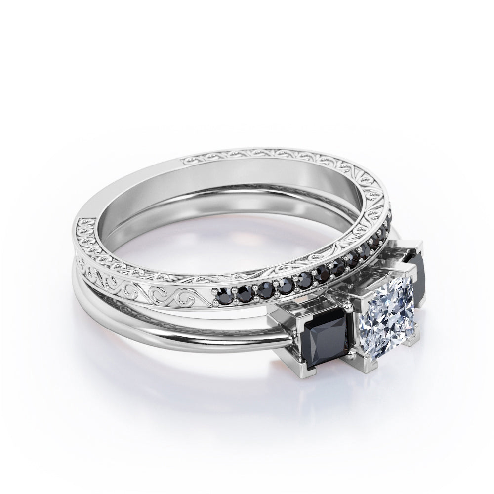 Triple Stone Square V-Prong 1.45 TCW Princess Cut Moissanite with Lab Created Black Diamond Filigree Wedding Set in Rose Gold