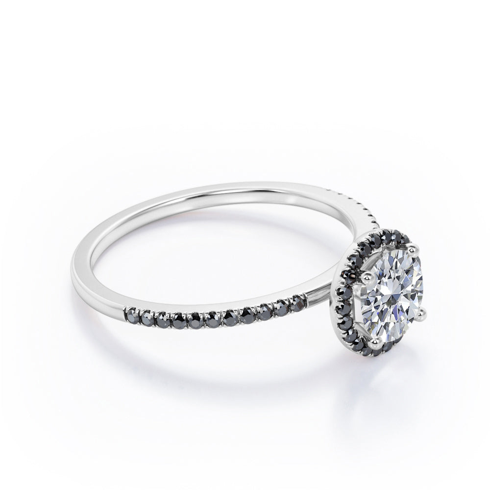 4-Prong Halo 1.5 TCW Round Shape Moissanite with Lab Created Black Diamond Pave-Style Engagement Ring in White Gold