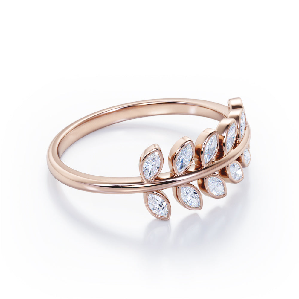 Inspired by Nature - 0.25 TCW Marquise Shaped Moissanite - Olive Leaf Stackable Ring - Black Gold