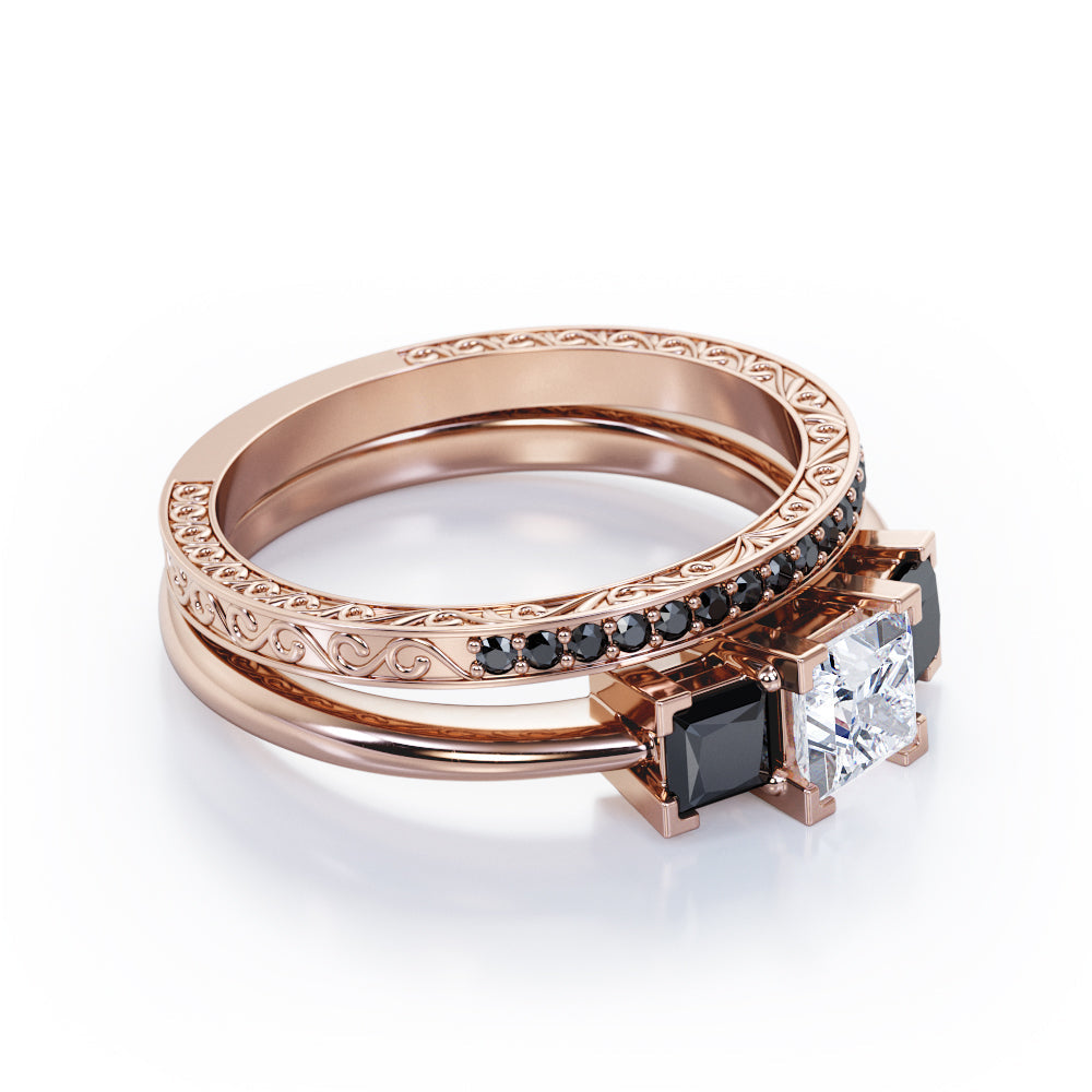 Triple Stone Square V-Prong 1.45 TCW Princess Cut Moissanite with Lab Created Black Diamond Filigree Wedding Set in Rose Gold