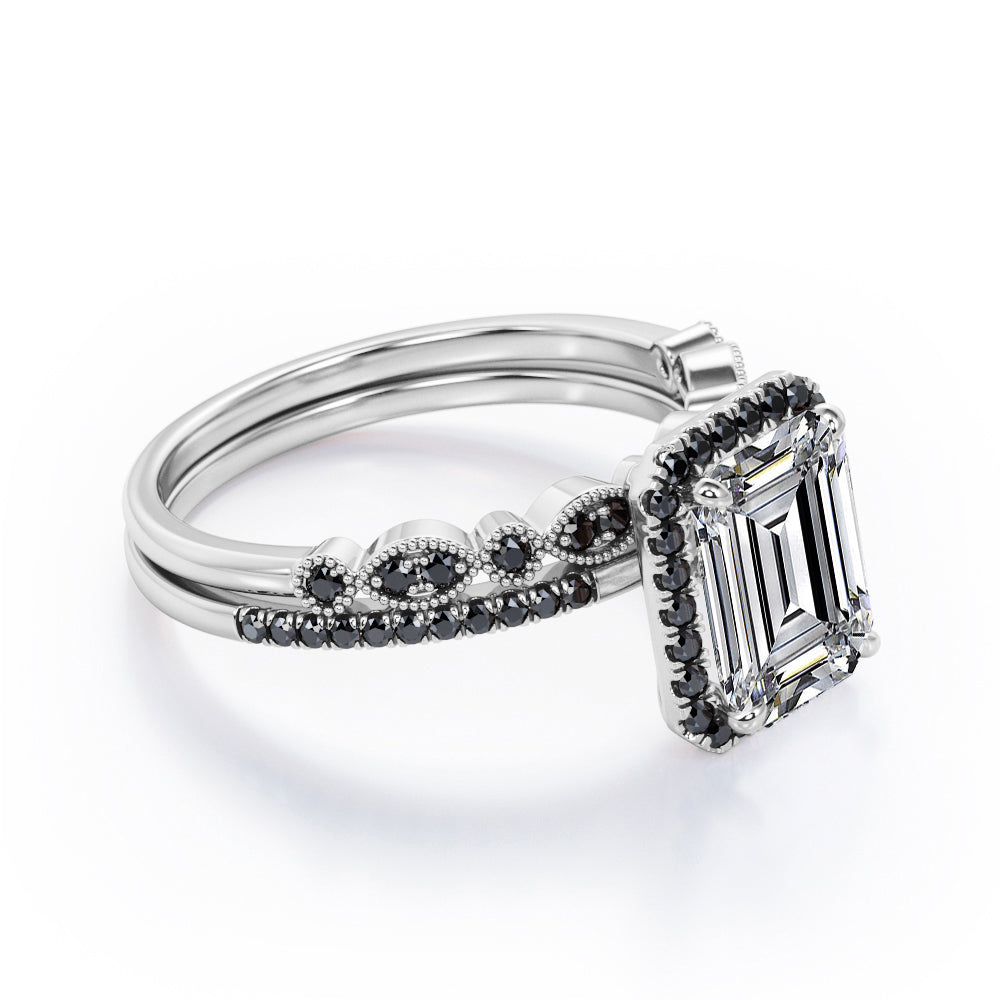 Art Deco Filigree Milgrain 1.65 TCW Emerald Cut Moissanite with Lab Created Black Diamond Halo-Style Wedding Set in Rose Gold