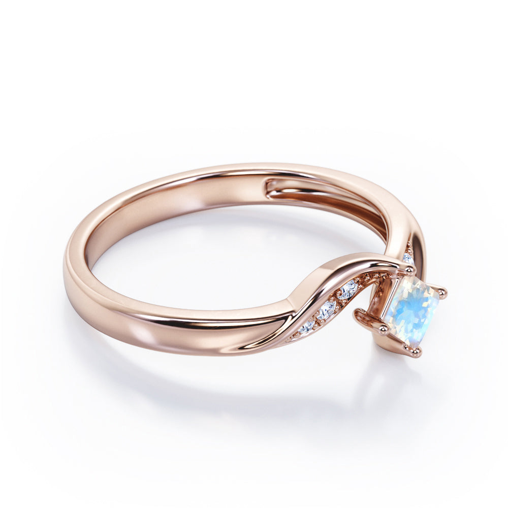 Twisted 7 Stone Ring - 0.55 carat Princess Moonstone and Moissanite Elegant Engagement Ring in Rose Gold