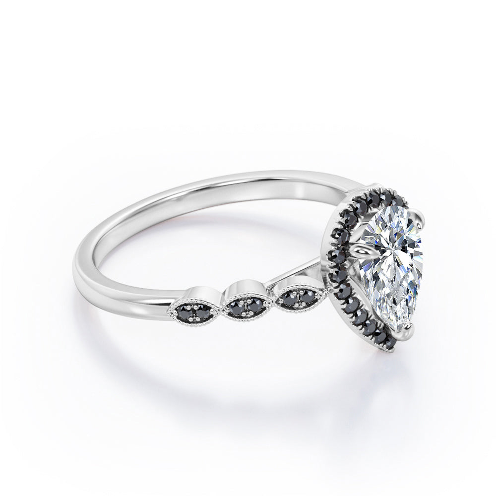 Art-Deco Filigree Milgrain 1.4 TCW Pear Cut Moissanite with Lab Created Black Diamond Halo Design Engagement Ring in Yellow Gold