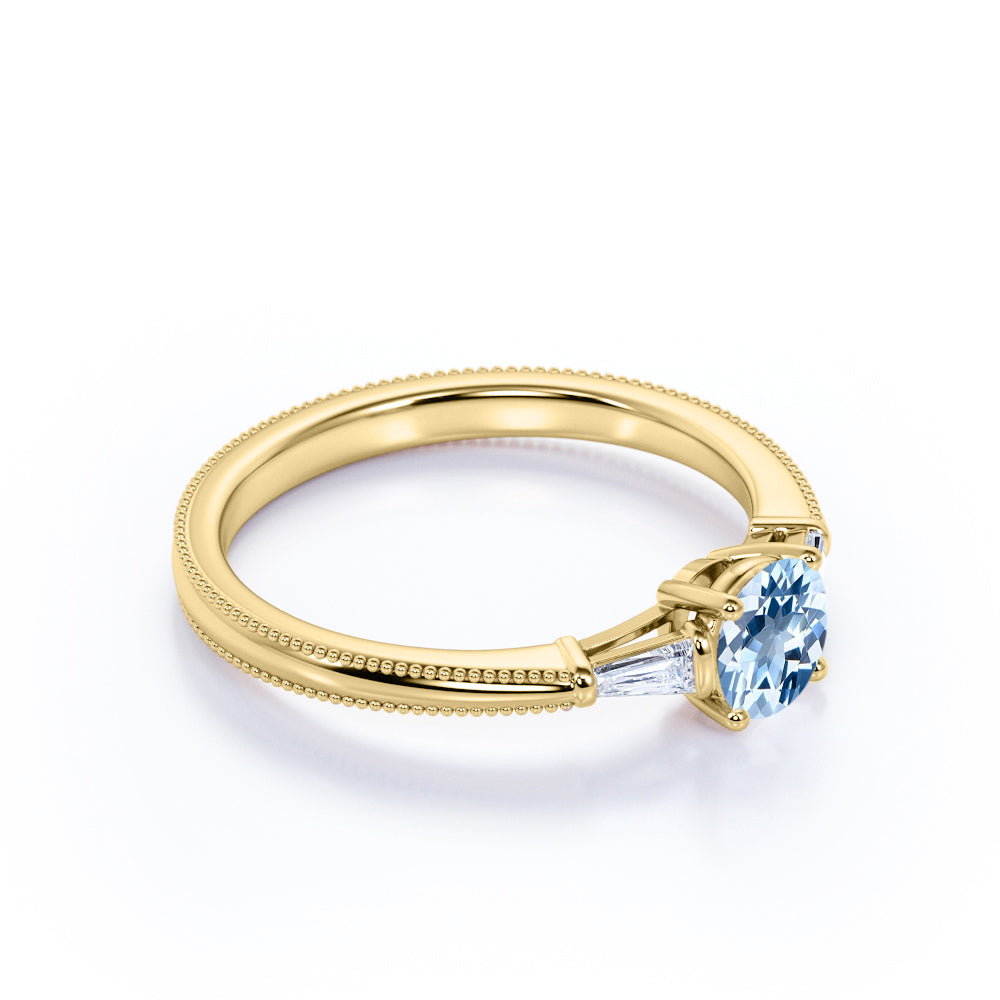 1.10 carat Round Sky Blue Created Aquamarine 3 Stone Simple Engagement Ring in 18k Yellow Gold over Silver