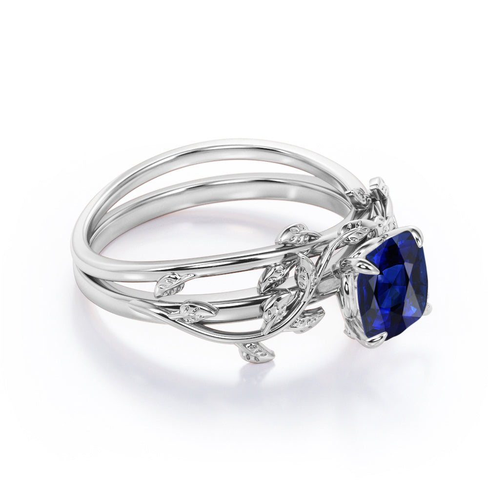 Leaf Branch Design 1 carat Cushion Cut Lab-Created Sapphire  Wedding ring set in White Gold