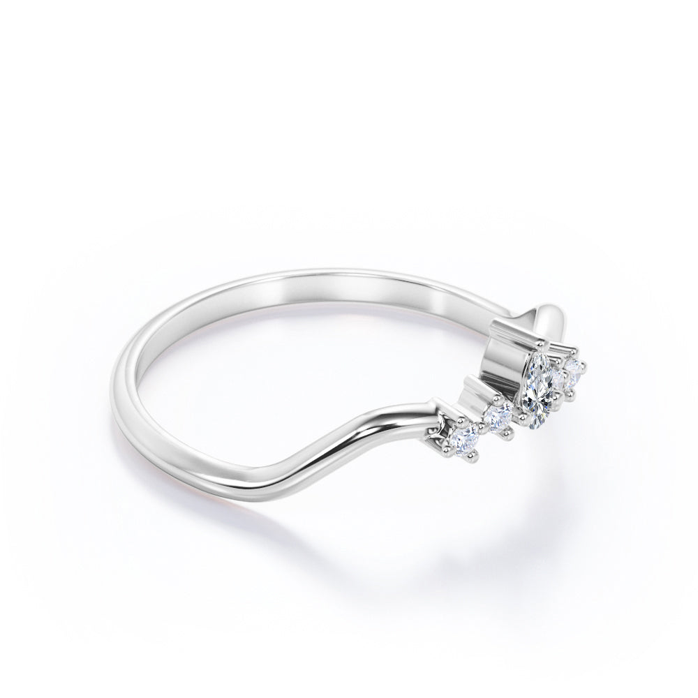 Prong Cluster 0.10 TCW Pear and Round Cut Moissanite Curved Wedding Band in White Gold