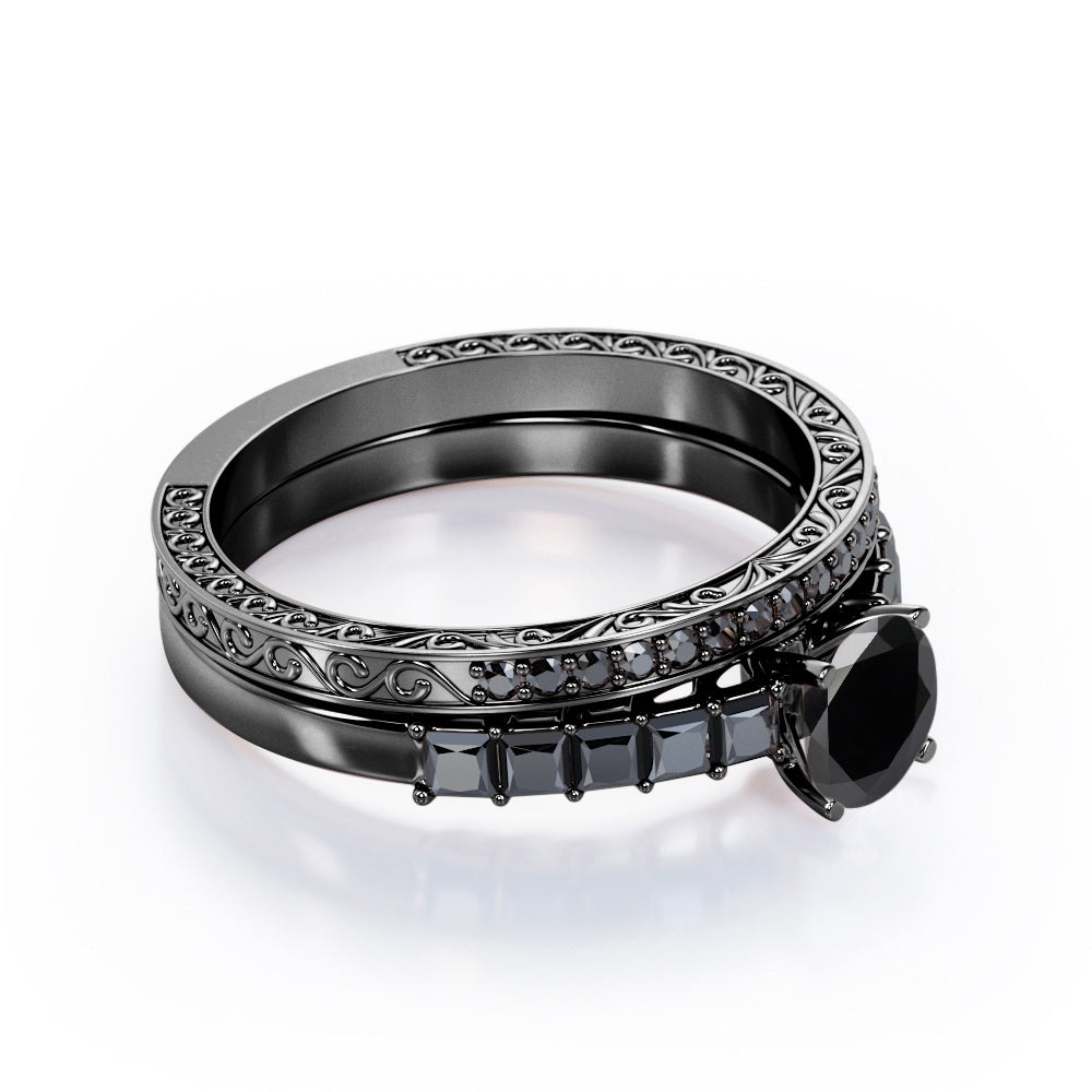 Art Deco Milgrain-Bezel 1.55 TCW Round Shaped Lab Created Black Diamond Shared-Prong Wedding Ring Set in White Gold