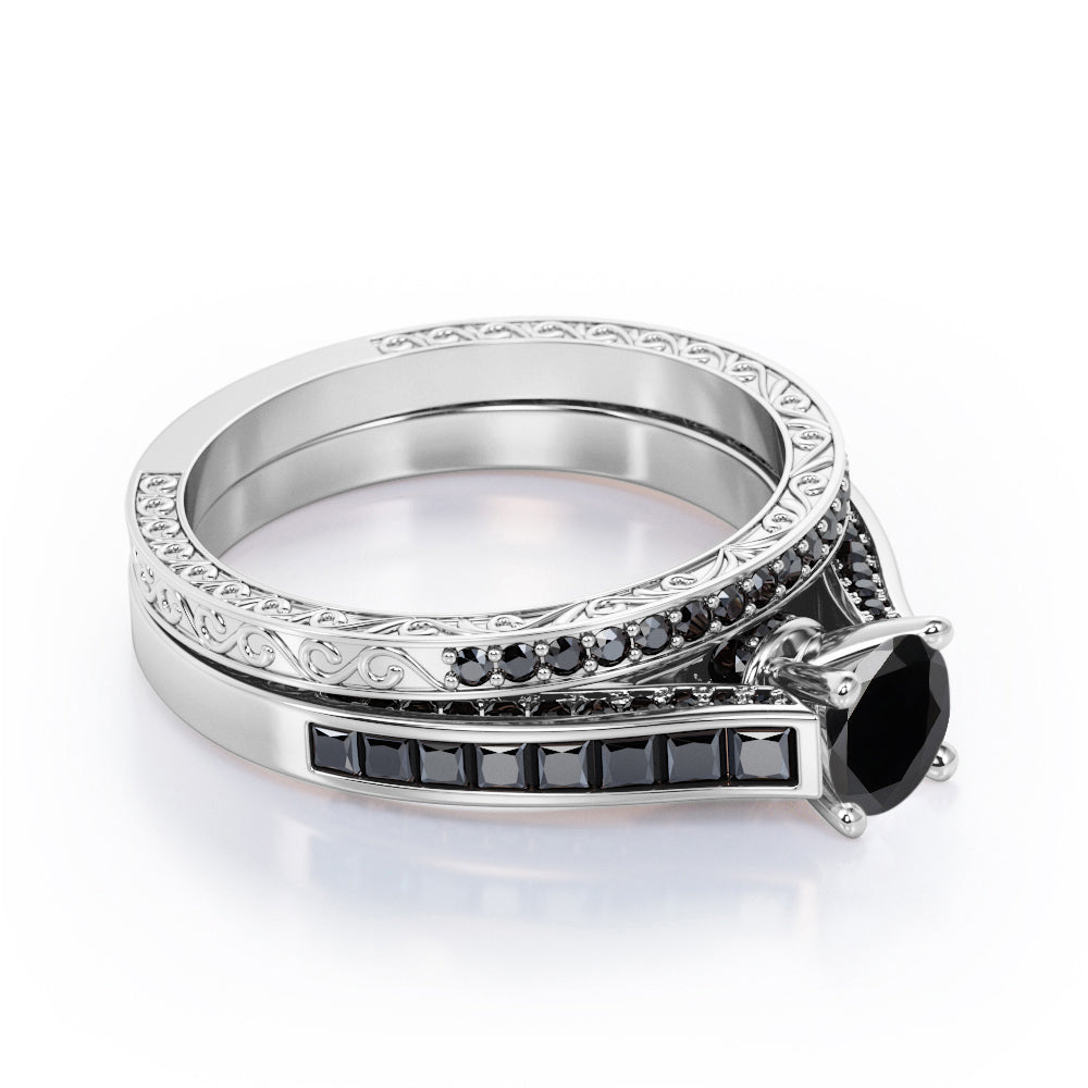 Art Deco Cathedral 1.55 TCW Round Shape Lab Created Black Diamond Pave and Channel Wedding Set in White Gold