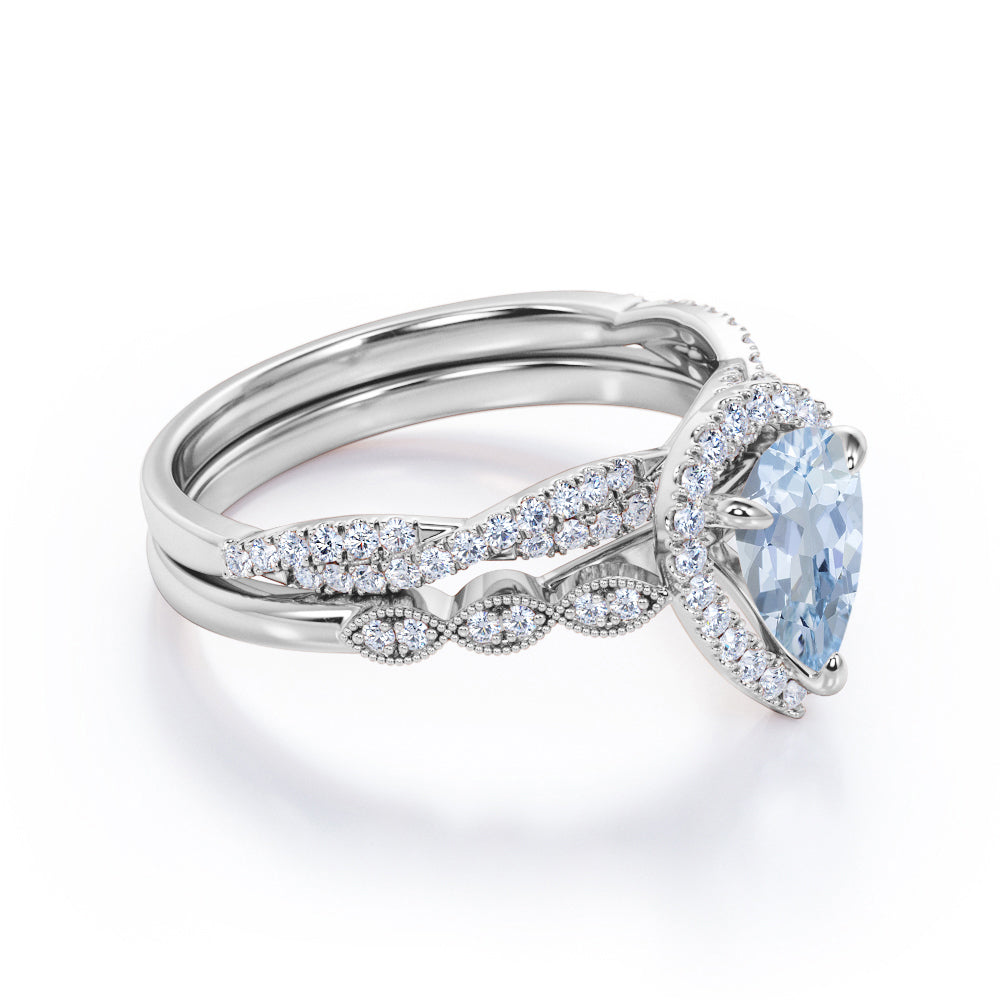 1.65 Carat Pear Cut Aquamarine And Diamond Art Deco Wedding Ring Set In White Gold