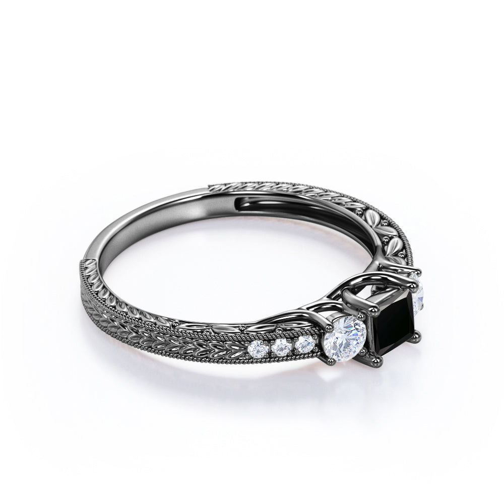 1 carat princess cut Black Diamond vintage milgrain engagement ring in white gold