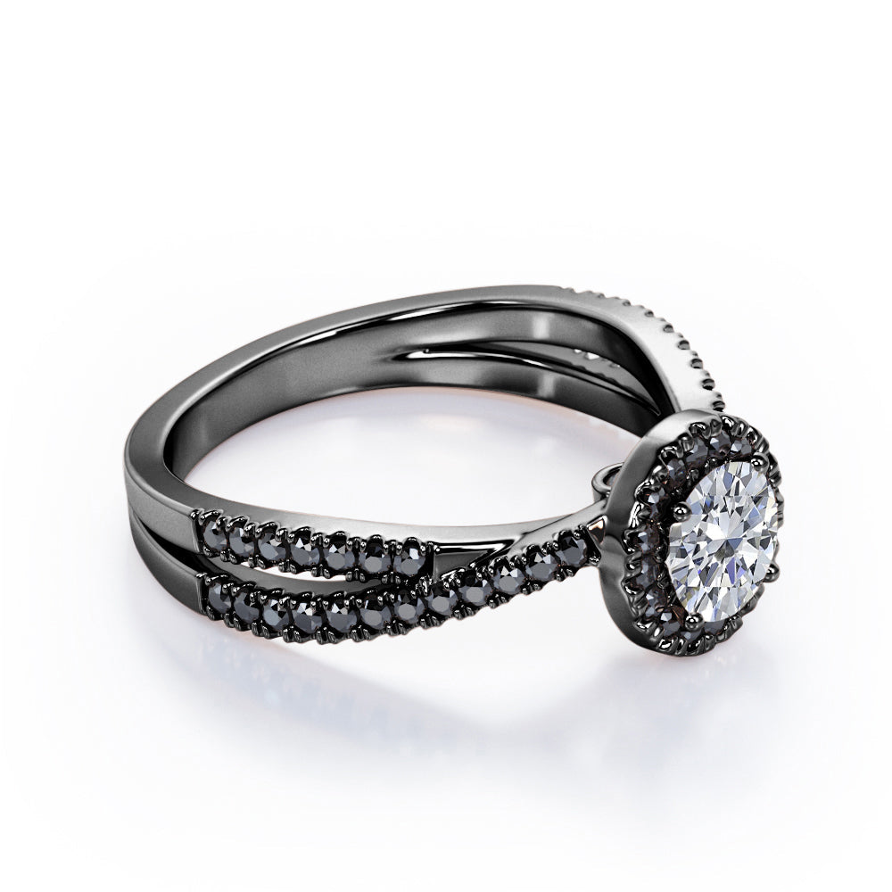 Milgrain Halo - 0.6 TCW Round Cut Diamond with Lab Created Black Diamond - Infinity Double Strand Engagement Ring - 10K White Gold