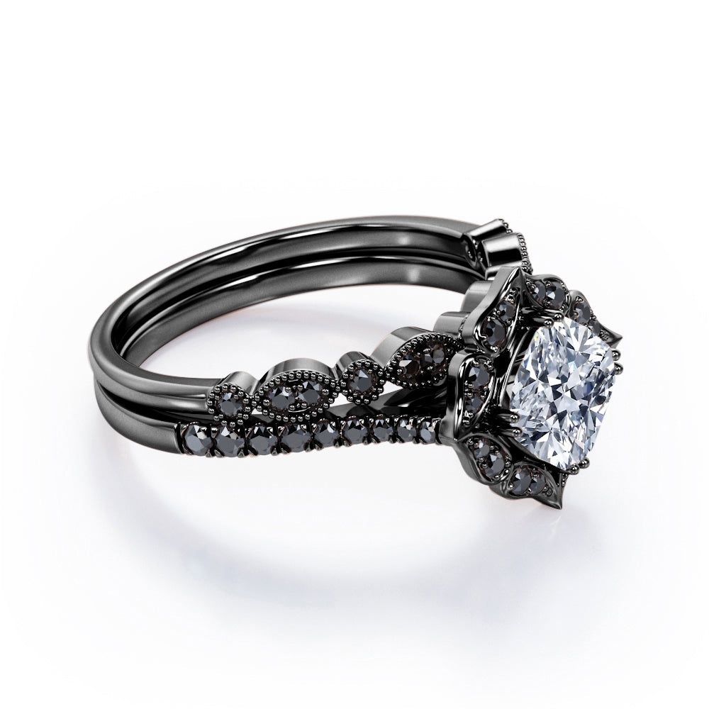 Vintage Filigree Halo - 1.65 TCW Cushion Cut Moissanite with Lab Created Black Diamond - Pave Accented Bridal Ring Set in White Gold