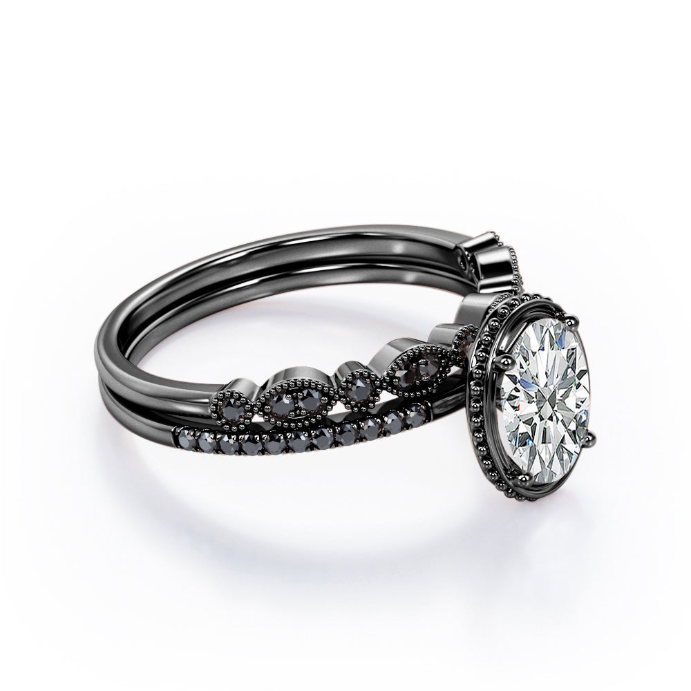 Prong Milgrain Bezel - 1.65 TCW Oval Shaped Moissanite with Lab Created Black Diamond - Pave Filigree Bridal Set in Black Gold