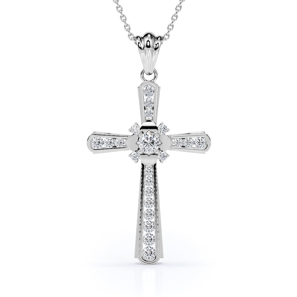 4-Heart 0.25 TCW Round Shape Moissanite Channel Cross Pendant Necklace in 18K White Gold Plating over Silver