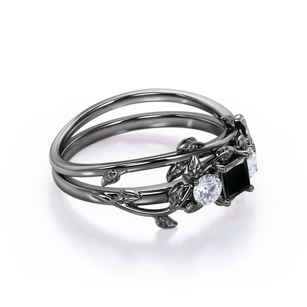 1.25 carat princess cut Black Diamond nature inspired wedding ring set in white gold