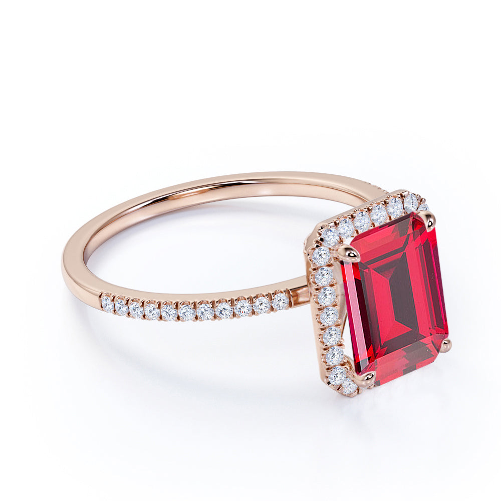 Unique Pave Set 1.30 Carat Emerald Cut Lab-Created Ruby and Diamond Engagement Ring in White Gold