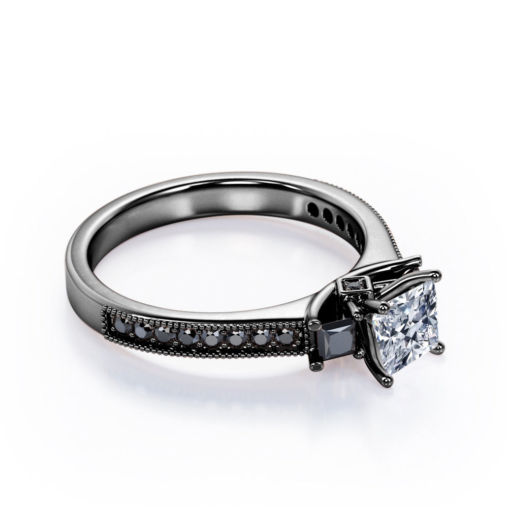 Trilogy Cathedral Prong - 0.5 TCW Princess Cut Diamond with Lab Created Black Diamond - Milgrain Pave Channel Engagement Ring - 10K White Gold