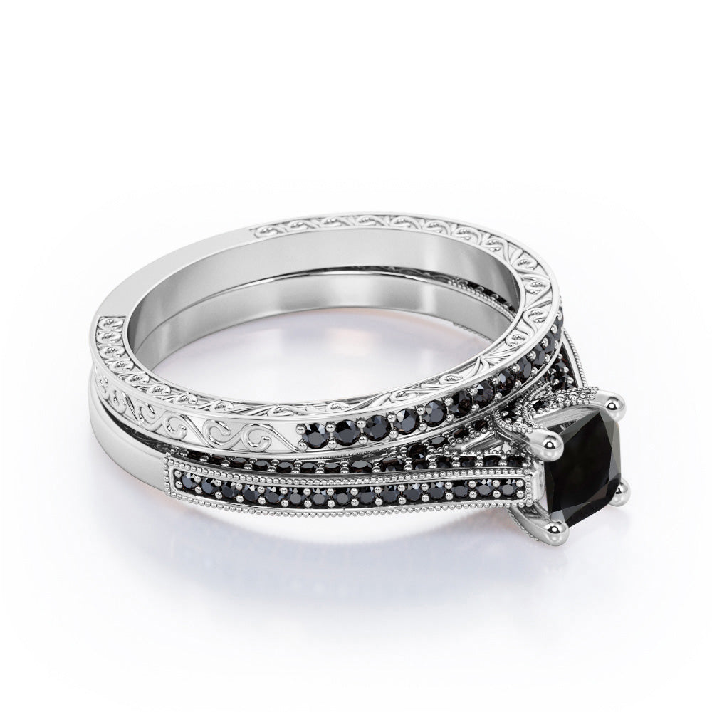 3 Sided Pave 1.55 TCW Princess Cut Lab Created Black Diamond Milgrain Decorated Wedding Ring Set in White Gold