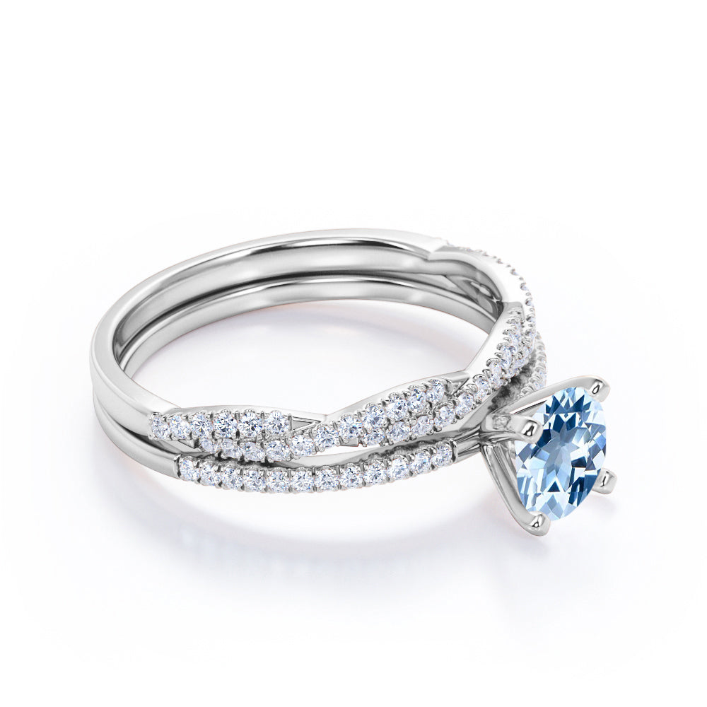 1.5 Carat Round Cut Aquamarine And Diamond Infinity Wedding Ring Set In White Gold