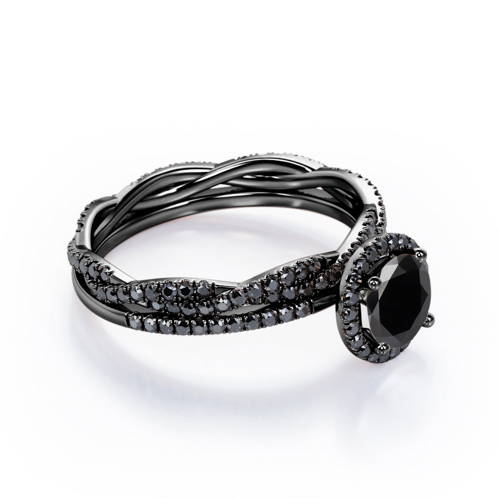 Pave Twisted Eternity 1.75 TCW Round Brilliant Cut Lab Created Black Diamond Halo-Style Wedding Ring Set in White Gold