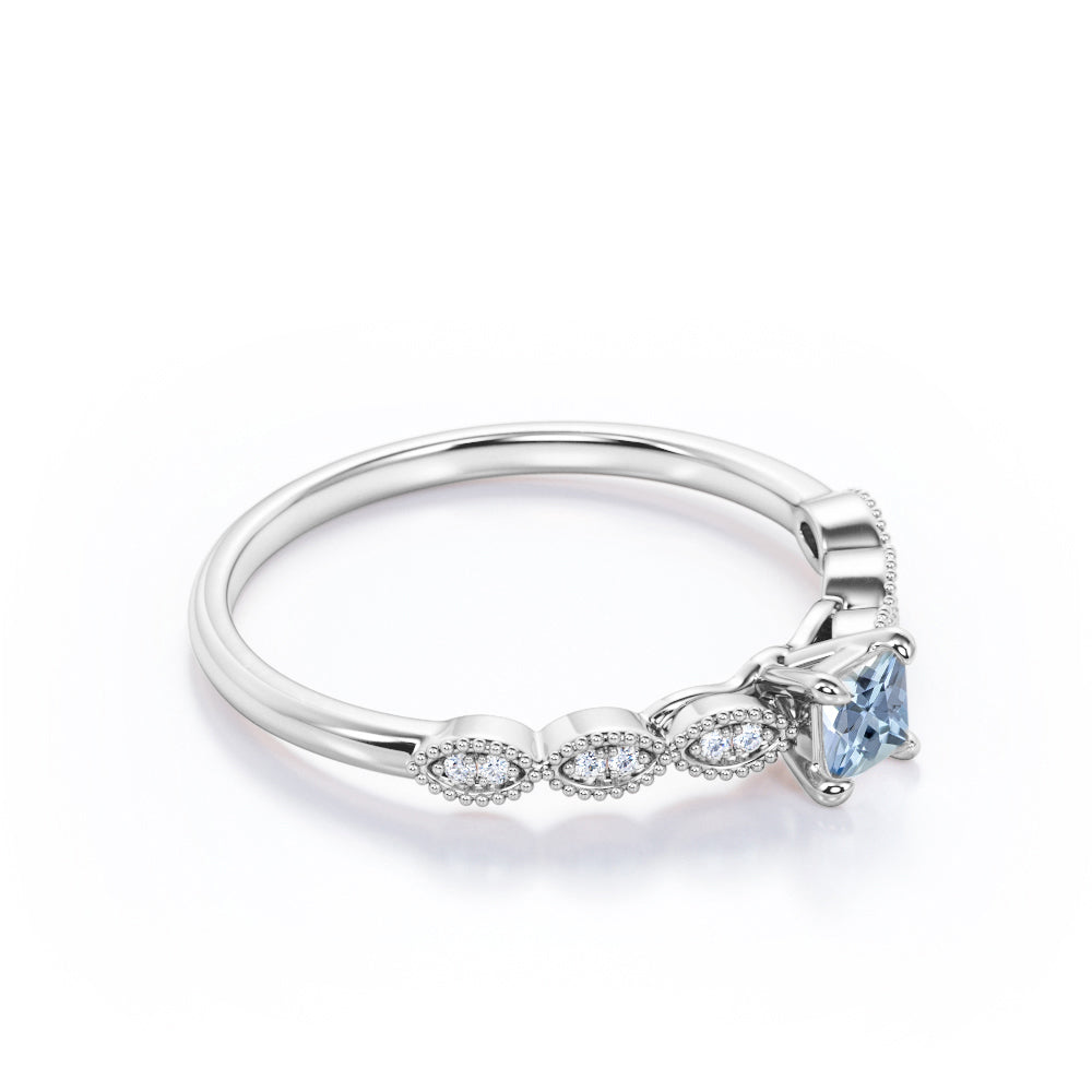 1.10 Carat Princess Cut Aquamarine And Diamond  Art Deco Engagement Ring In White Gold