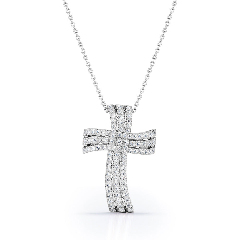 Weaved Triple-Pave 0.3 TCW Round Moissanite Filigree Crucifix Pendant Necklace in 18K White Gold Plating over Silver