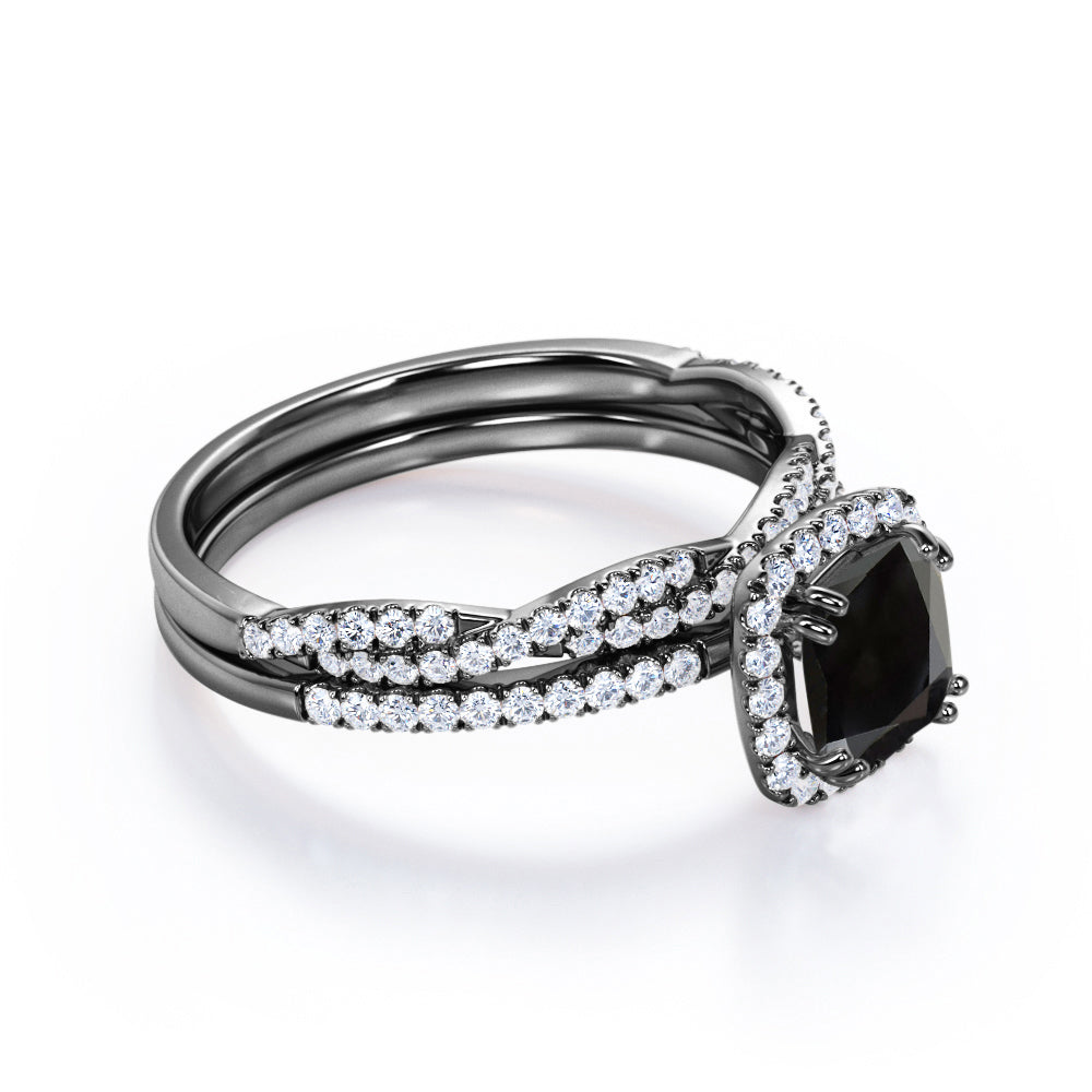 2 carat cushion cut Black Diamond halo bridal set in white gold