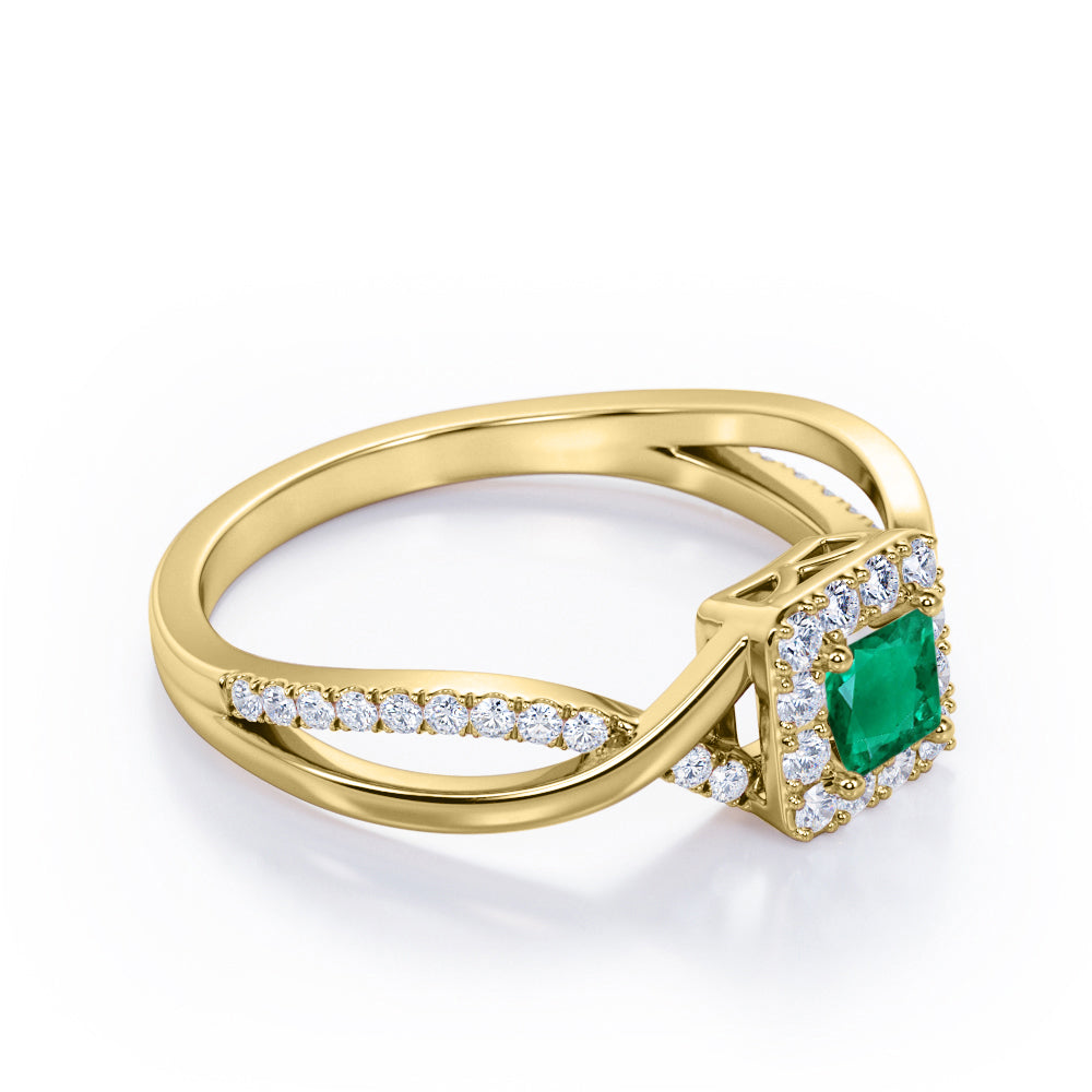 1.25 Carat Princess Cut Emerald and diamond - Half Crossover Pave - Halo Engagement Ring in White Gold