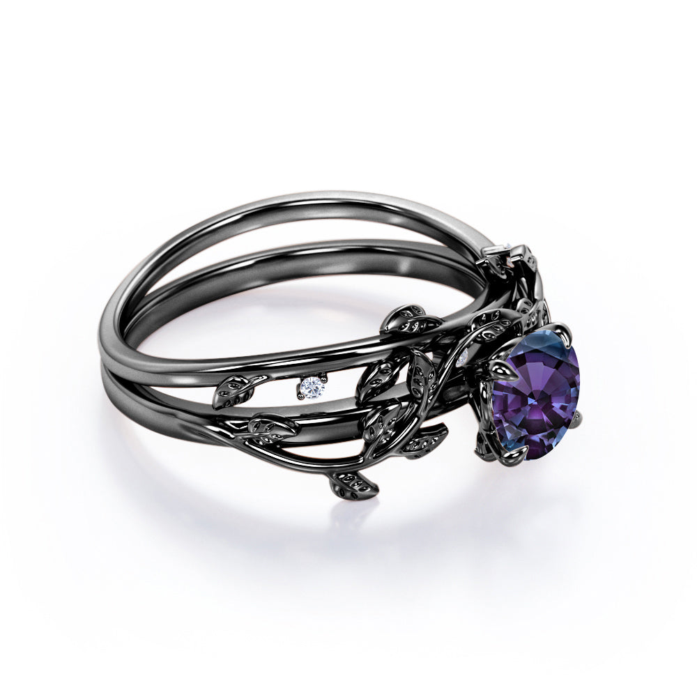 0.50 Carat - Round Cut Lab Created Alexandrite Ring Set - Leaf & Vine Wedding Ring Set - 18K Black Gold Plating Over Silver