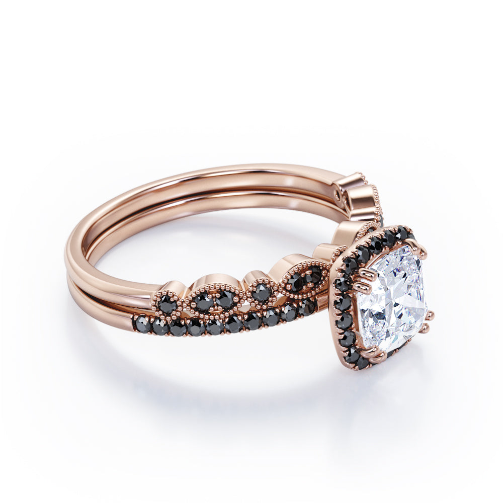 Pave-Accented Halo 1.6 TCW Cushion Cut Moissanite with Lab Created Black Diamond Milgrain Filigree Wedding Ring Set in Rose Gold