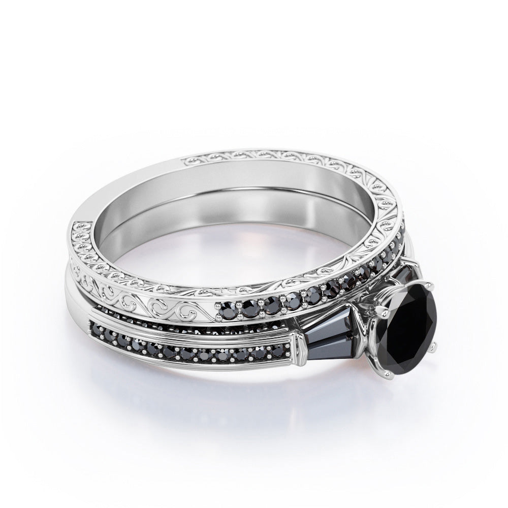 Art Deco 5-Stone 1.55 TCW Round Shape Lab Created Black Diamond Triple Pave-Channel Wedding Set in White Gold