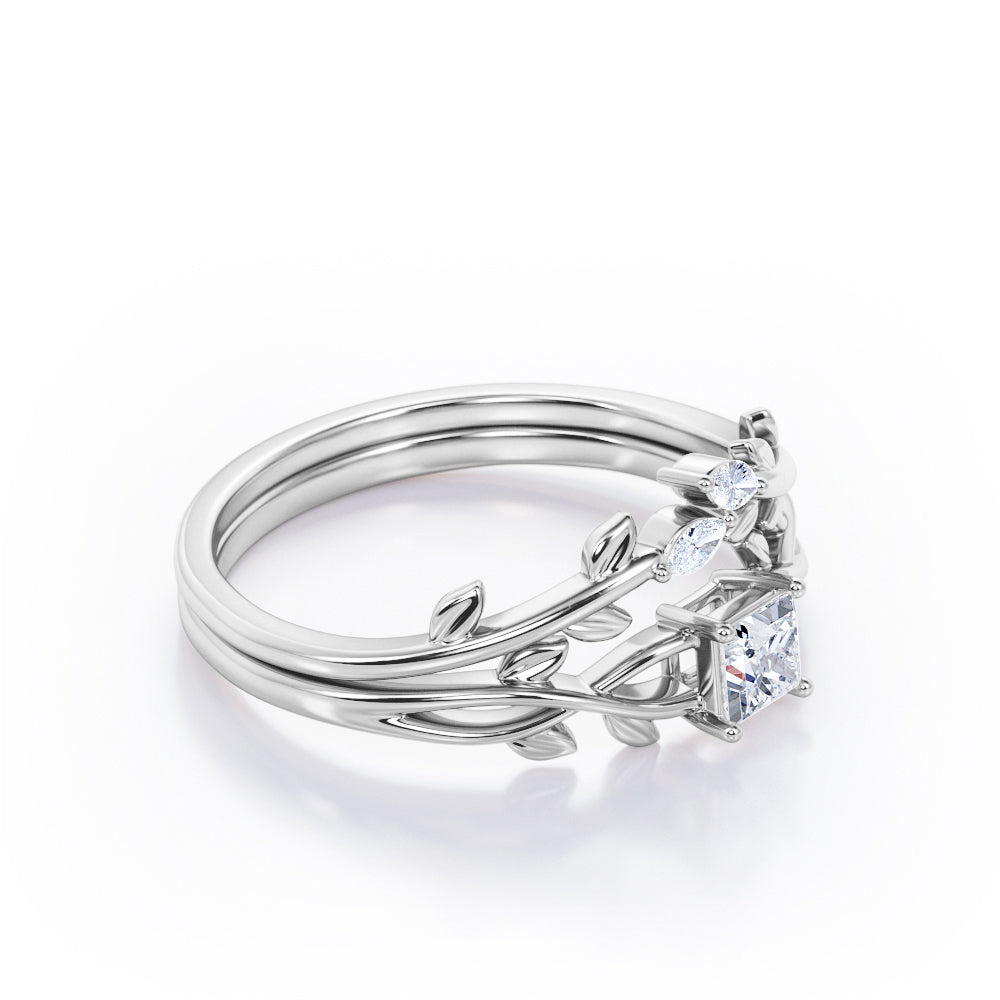 Nature-Inspired 0.35 TCW Princess Cut Diamond Branch Leaves Bridal Ring Set in White Gold