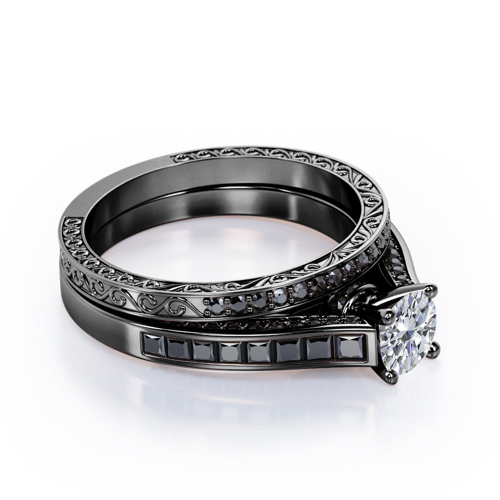 Art Deco Cathedral  1.55 TCW Round Shape Moissanite with Lab Created Black Diamond Pave and Channel Wedding Set in Rose Gold