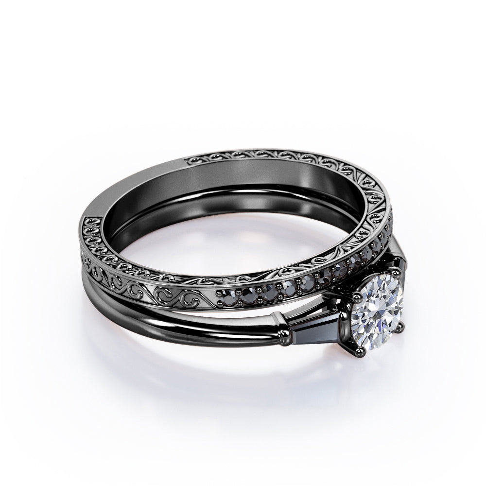 Three-Stone Prong 1.35 TCW Round Cut Moissanite with Lab Created Black Diamond Lattice Bridal Ring Set in White Gold