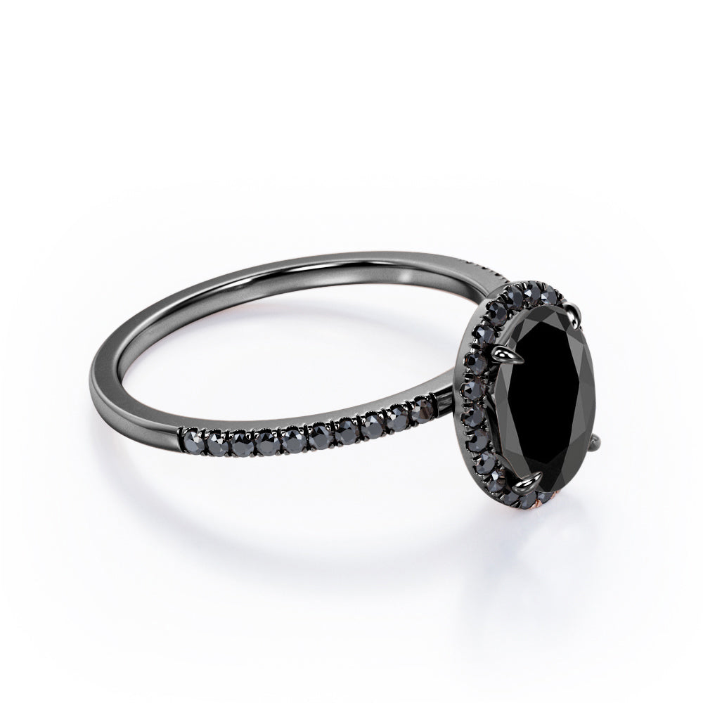 North-South Halo - 1.5 TCW Oval Shape Lab Created Black Diamond - Pave Design Engagement Ring in White Gold