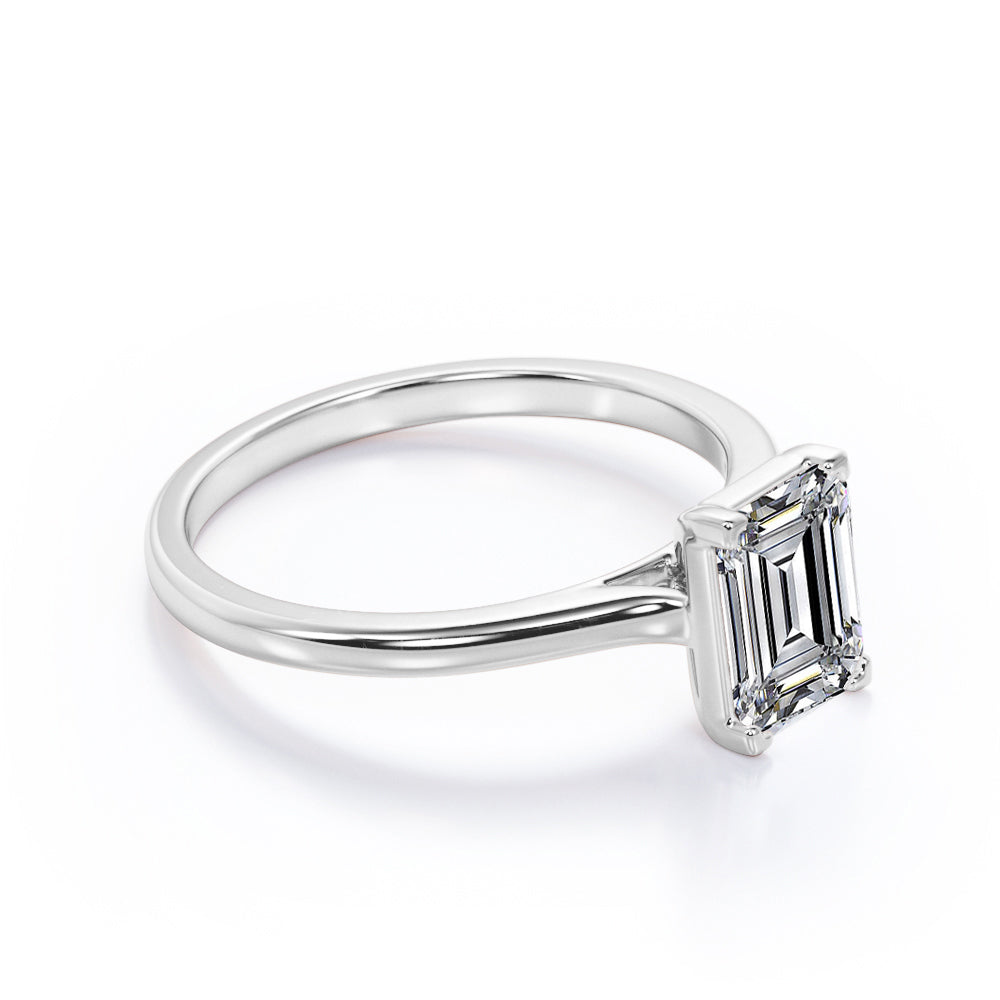 Minimalist - 1 Carat Cubic Zirconia Emerald Cut - Solitaire Prong Set Right Hand Ring - 18K White Gold Plating over Silver