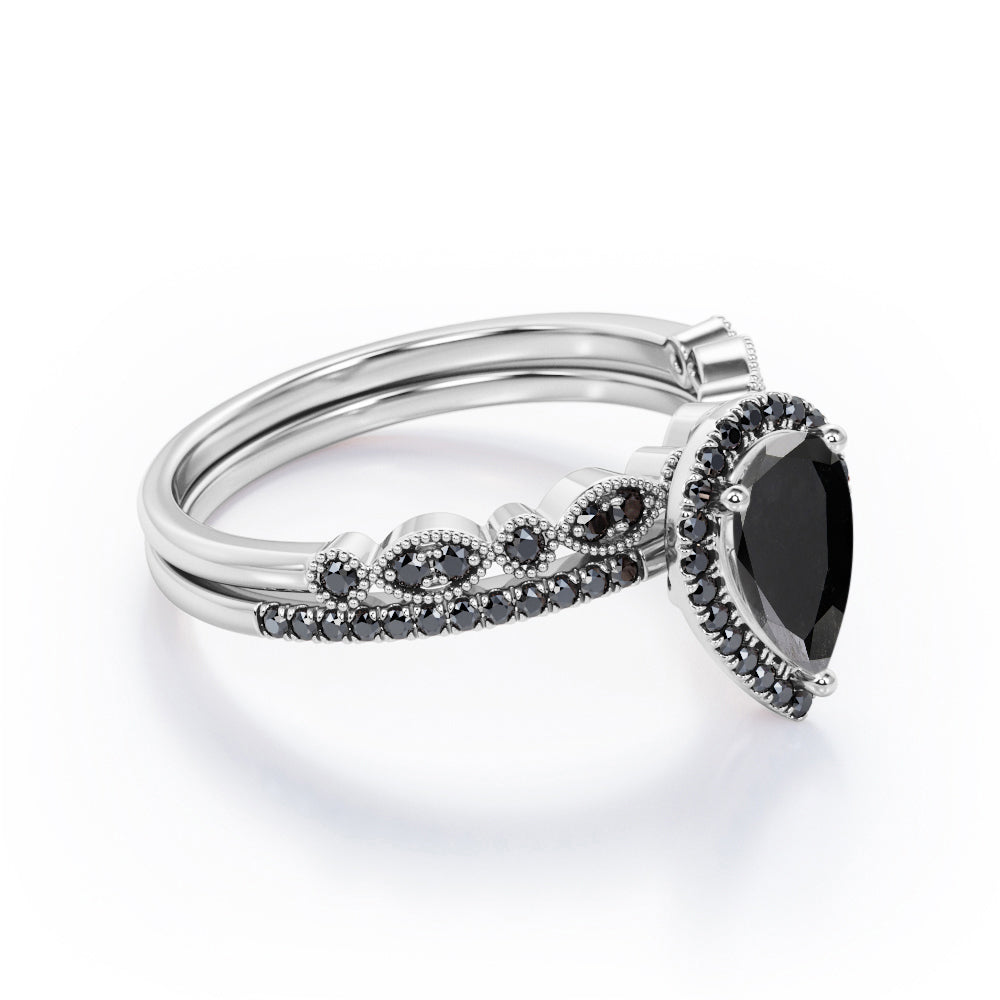 Art-Deco Milgrain Filigree 1.65 TCW Teardrop Lab Created Black Diamond Pave Wedding Ring Set in White Gold