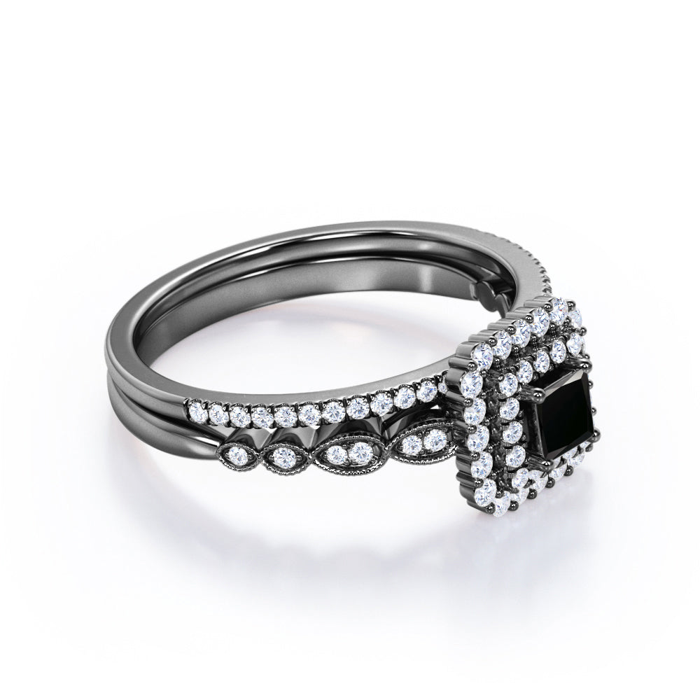 1.8 Carat Princess Cut Lab Grown Black Diamond Double Halo Wedding Ring Set In White Gold