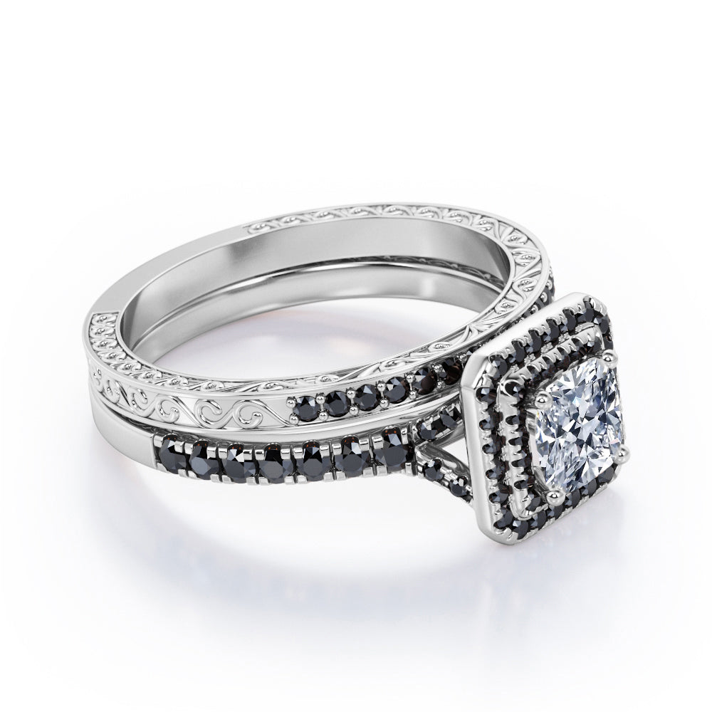 Art-Deco Pave Accented 0.65 TCW Princess Cut Diamond with Lab Created Black Diamond Double Halo Bridal Ring Set in 10K White Gold