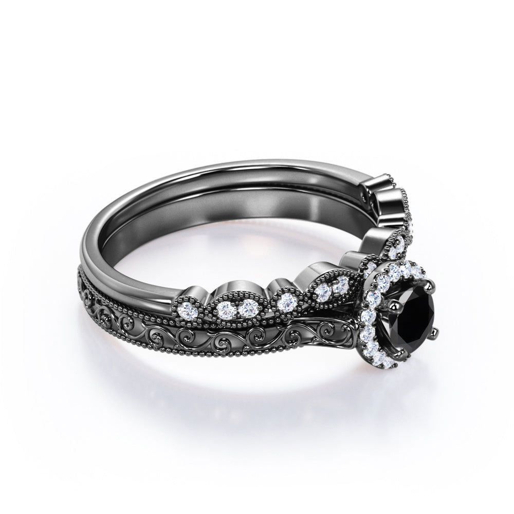 1.3 Carat Round Cut Lab Grown Black Diamond Halo Wedding Ring Set In White Gold